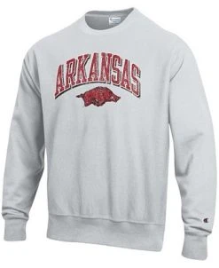 Champion Men's Gray Arkansas Razorbacks Arch Over Logo Reverse Weave Pullover Sweatshirt -Champion Online 20147151 fpx